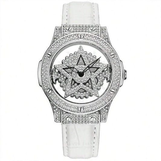 Women's Rotating Quartz Watch  Leather Strap Elegant And Fashionable Pentagram Diamond Watch Suitable For Many Occasions