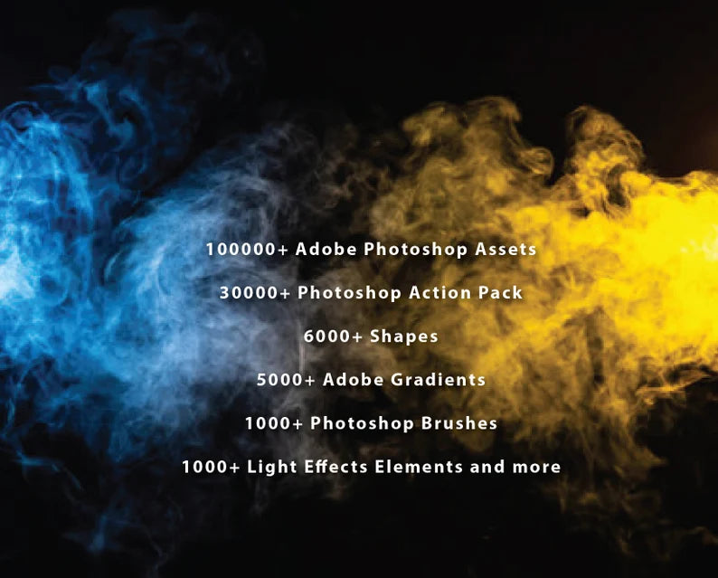 Adobe Photoshop Assets Bundle Package | Assets, Actions, Shapes, Gradients, Brushes, Light Effect, Elements and more