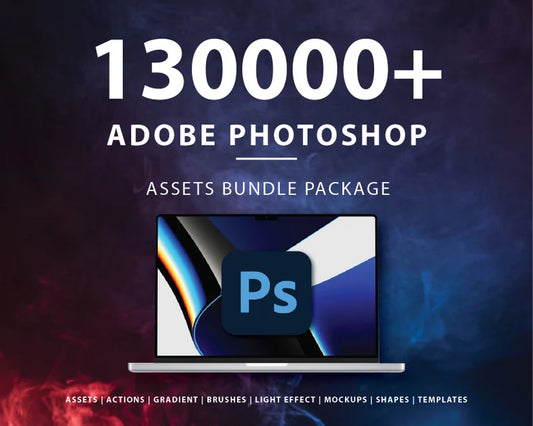 Adobe Photoshop Assets Bundle Package | Assets, Actions, Shapes, Gradients, Brushes, Light Effect, Elements and more